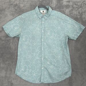 Disney Parks Mickey Hawaiian Button Aloha Lt. Aqua white Camp Shirt Mens See Pic